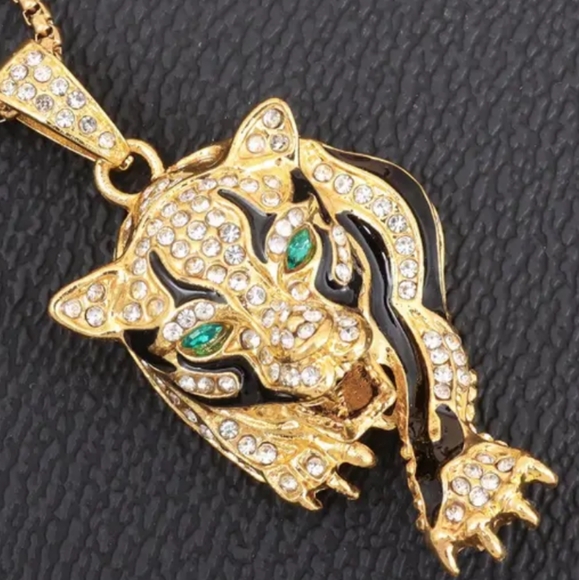GOLD TIGER PENDANT WHITE TOPAZ/C CHROME DIOPSIDE/HAND ENAMEL 24-IN ROLO LINK CHA - Picture 2 of 3